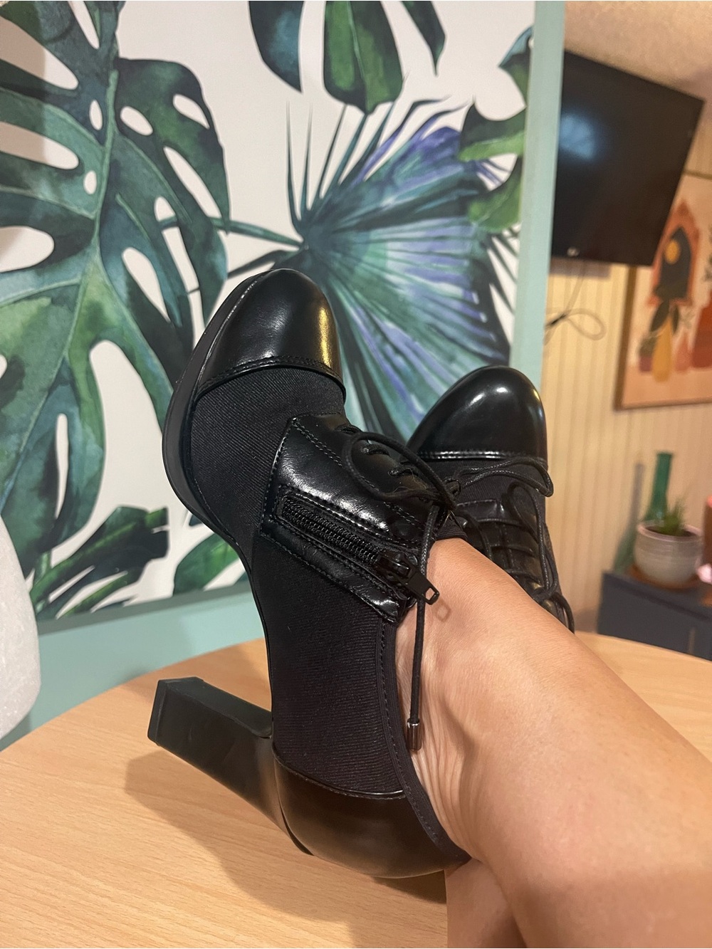 Impo Black Lace-Up Heeled Pumps with Side Zip Stretch and Memory Foam
